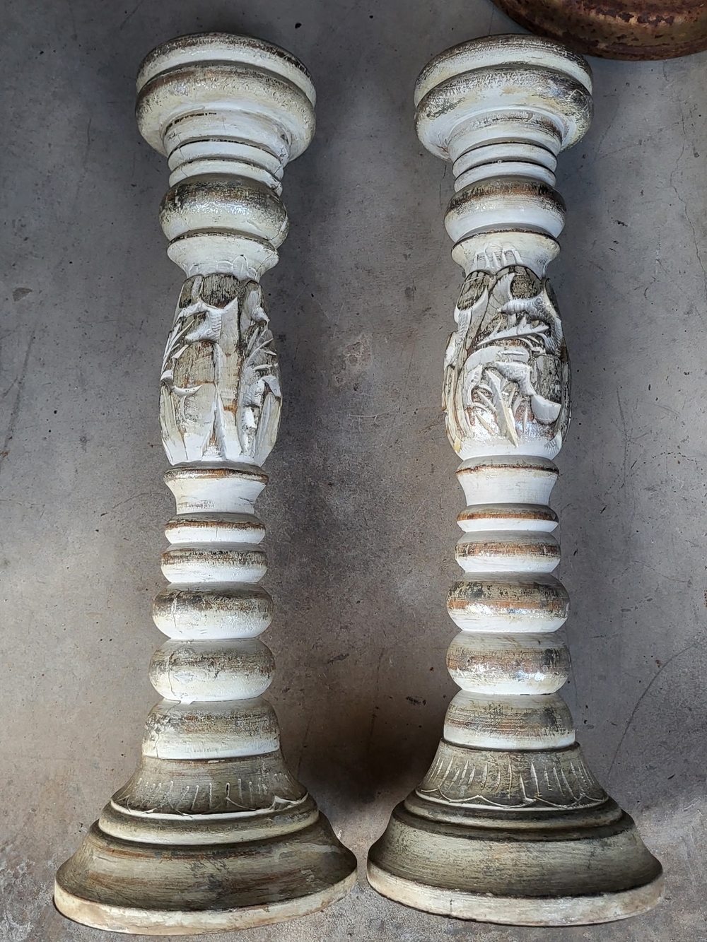 Distressed White Carved Wood Candle Pillars - Pair